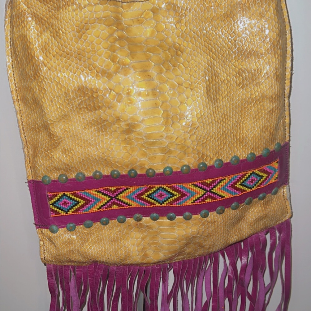 Kurtmen leather Yellow Snakeskin Fringe Bag with Colorful Pattern